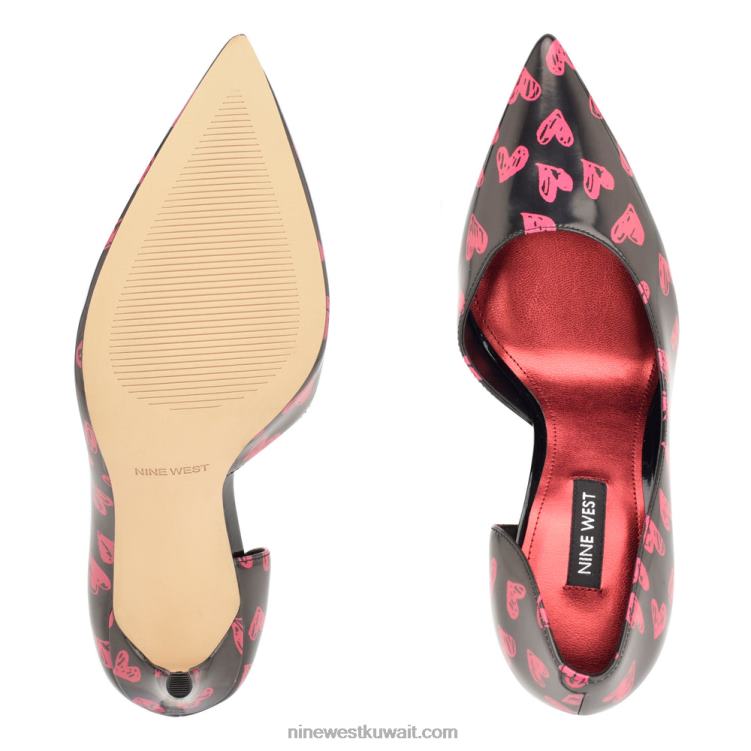 Nine West حذاء فولو دورساي بمقدمة مدببة براءة اختراع طباعة القلب الأسود / الأحمر VVL081621