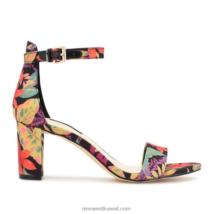 Nine West صندل برباط على الكاحل بكعب عريض أسود متعدد الأزهار VVL08182