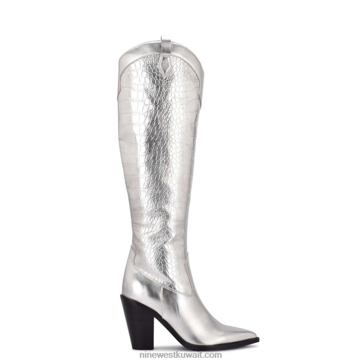Nine West حذاء كليفا الغربي التمساح المعدني الفضي VVL082908