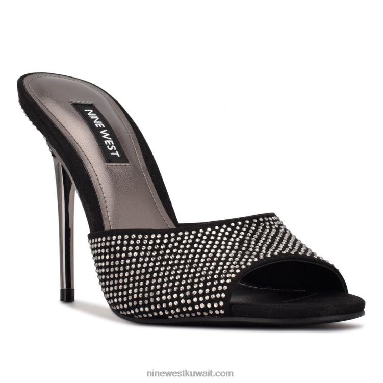 Nine West ديفاز صندل منزلق بكعب أسود لامع من جلد الغزال VVL08477