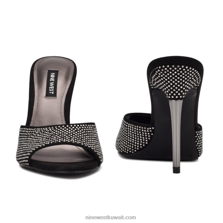 Nine West ديفاز صندل منزلق بكعب أسود لامع من جلد الغزال VVL08477