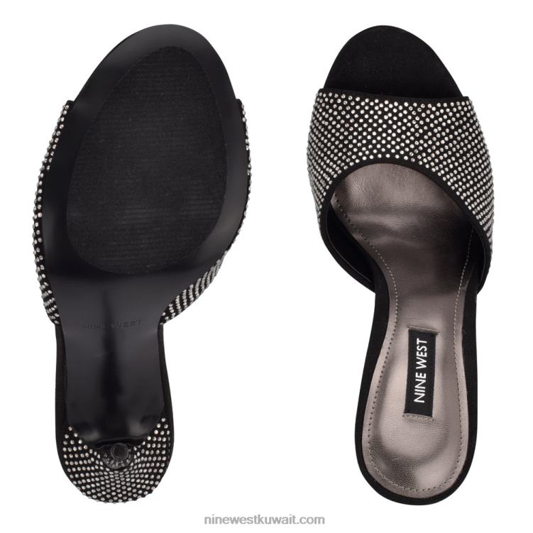 Nine West ديفاز صندل منزلق بكعب أسود لامع من جلد الغزال VVL08477