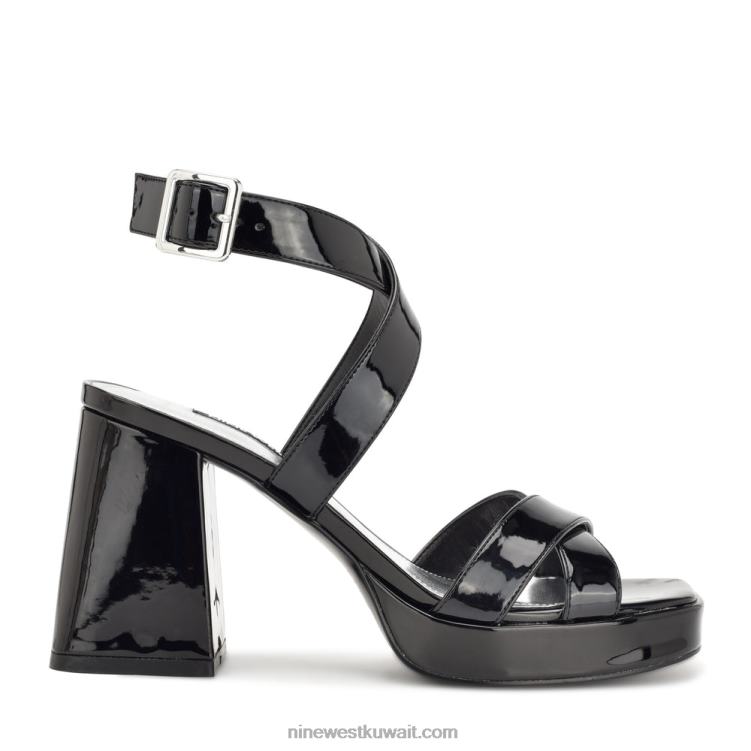 Nine West معالجة الصنادل منصة حزام الكاحل أسود براءة اختراع VVL08826